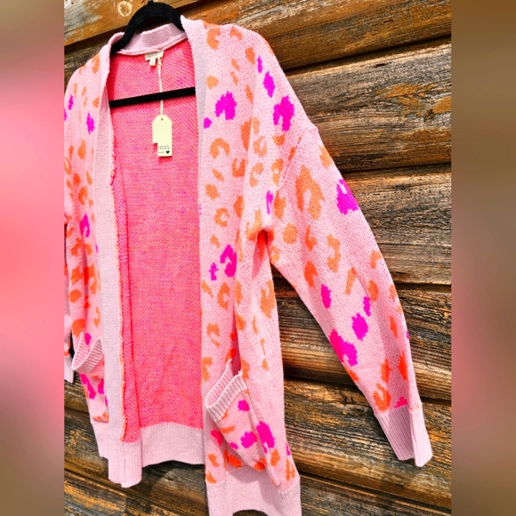Jodifl Boutique Barbie Leopard Print Pink & Orange Sweater Cardigan W/ Pockets - Picture 8 of 10